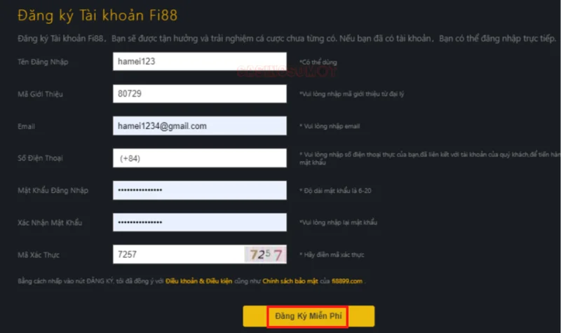 Điền thông tin để tạo tài khoản Fi88
